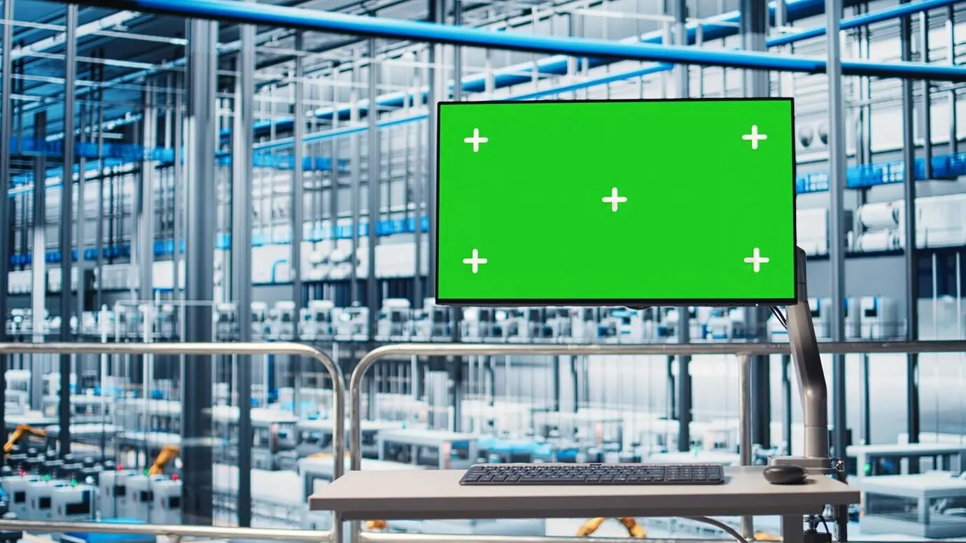 Программное обеспечение для отслеживания отображается на макете монитора с зелёным экраном в умной фабрике.